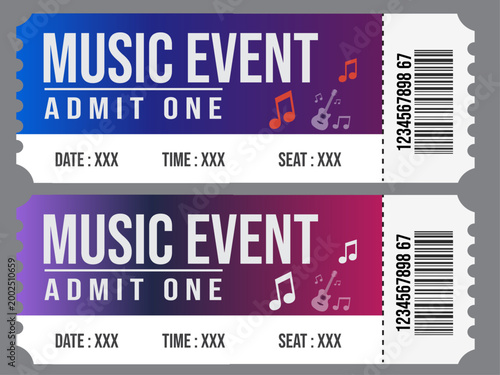 Music event tickets, colorful admit one passes, festival entry tickets, blue and pink concert tickets