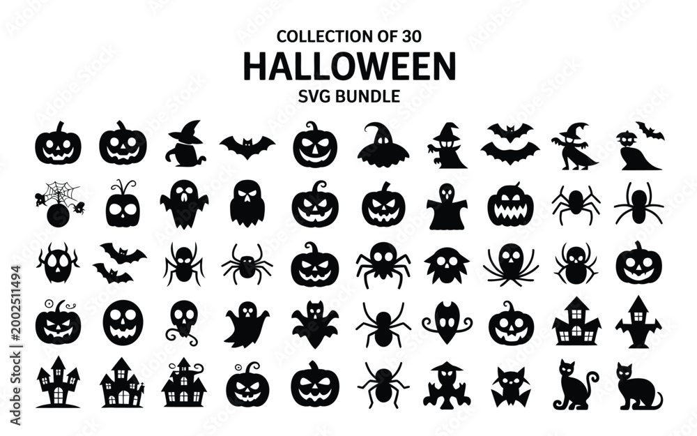 Obraz premium Vibrant halloween themed vector icons bundle showcasing spooky creatures jack o' lanterns and haunting symbols in bold black and white contrast for digital designs social media graphics and seasonal