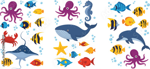 Colorful marine life collection featuring whale dolphin octopus fish seahorse stingray and starfish, cartoon ocean animals vector illustration set for kids design