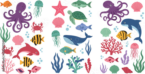 Colorful ocean life collection featuring octopus dolphin whale fish jellyfish coral and shells, cute cartoon marine animals vector illustration set for kids design