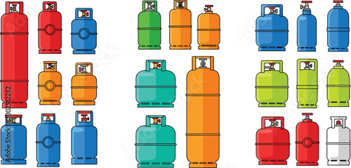 Colorful gas cylinder collection set with different sizes and shapes, propane and LPG tanks vector illustration for industrial, household and energy design use