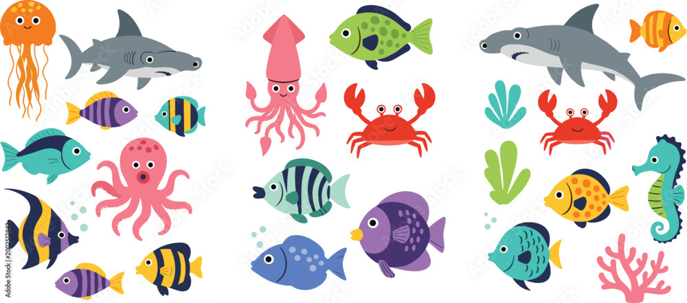 Fototapeta premium Cute cartoon marine animals collection featuring shark octopus crab fish and seahorse, colorful ocean life vector illustration set for kids and aquarium design