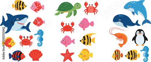 Cute cartoon ocean animals collection featuring shark dolphin whale fish crab turtle and penguin, colorful marine life vector illustration set for kids design
