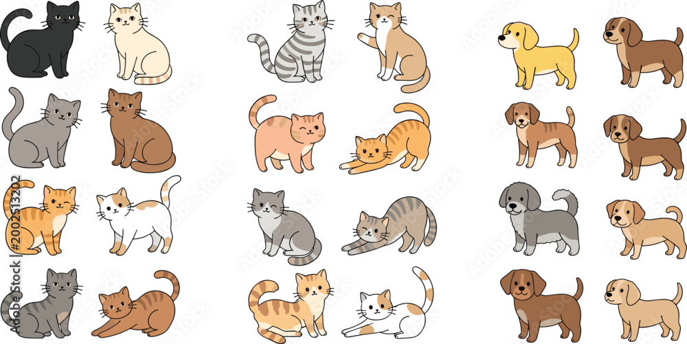 Fototapeta premium Cute cats and dogs collection with different breeds and poses, domestic pets cartoon characters set, vector illustration isolated on white background
