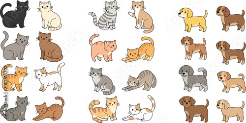 Cute cats and dogs collection with different breeds and poses, domestic pets cartoon characters set, vector illustration isolated on white background