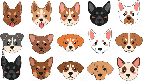 Cute dog faces collection with different breeds and expressions, cartoon puppy head icons set, vector illustration isolated on white background