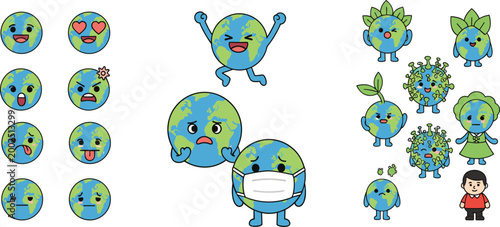 Cute earth character collection set with emotions and environmental themes, cartoon planet vector illustration featuring global warming, pollution and nature conservation concepts