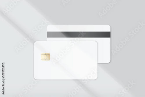 Minimal credit card mockup with chip and magnetic stripe on soft gray background with natural shadows. Clean financial template for branding, banking, fintech, payment design, and modern presentation