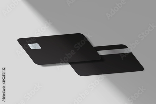 Minimal credit card mockup with chip and magnetic stripe on soft gray background with natural shadows. Clean financial template for branding, banking, fintech, payment design, and modern presentation
