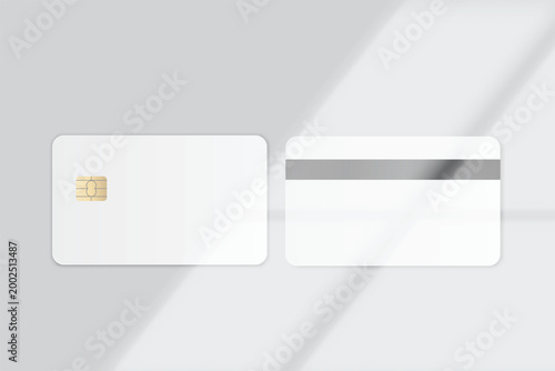 Minimal credit card mockup with chip and magnetic stripe on soft gray background with natural shadows. Clean financial template for branding, banking, fintech, payment design, and modern presentation