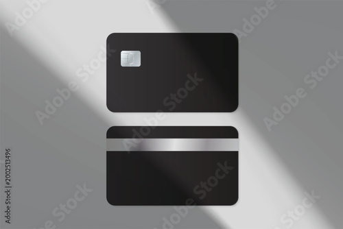 Minimal credit card mockup with chip and magnetic stripe on soft gray background with natural shadows. Clean financial template for branding, banking, fintech, payment design, and modern presentation