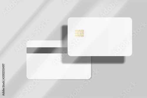 Minimal credit card mockup with chip and magnetic stripe on soft gray background with natural shadows. Clean financial template for branding, banking, fintech, payment design, and modern presentation