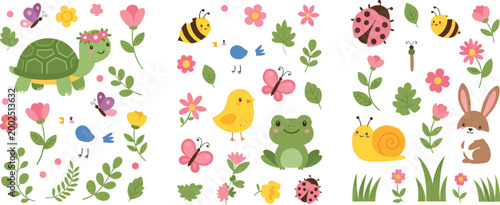 Cute spring garden elements and animals collection featuring flowers leaves insects birds turtle frog and bunny, colorful cartoon vector set for kids design