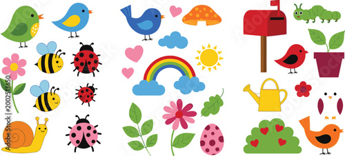 Canvas Print Cute spring garden elements collection with birds insects flowers rainbow and ma