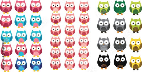 Cute owl characters collection set with different colors and expressions, cartoon bird vector illustration for kids, nursery design, patterns and educational projects