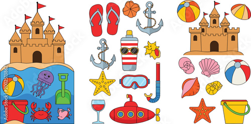 Summer beach vacation elements collection featuring sandcastle flip flops anchor snorkel submarine and seashells, colorful cartoon vector illustration set for travel design