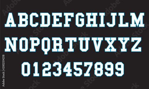 Blue Varsity Athletic Font Alphabet and Numbers Set for Sports Team Jersey Branding Vector Design