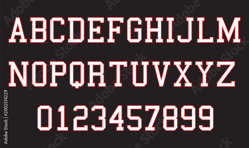 Red Varsity Athletic Font Alphabet and Numbers Set for Sports Team Jersey Branding Vector Design