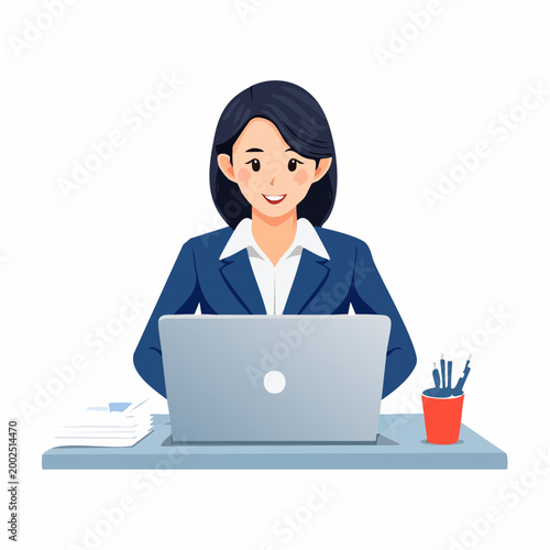 デスクでノートパソコンと書類を確認しながら仕事をする日本人ビジネスウーマン