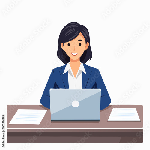 デスクでノートパソコンと書類を確認しながら仕事をする日本人ビジネスウーマン