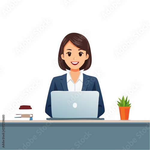 リラックスした様子で笑顔でノートパソコンに向かう日本人ビジネスウーマン