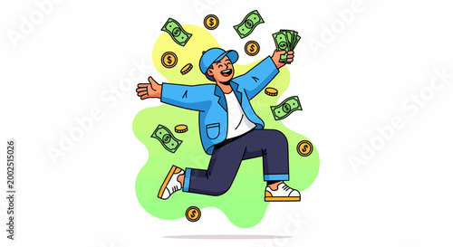 Man jumping with money in hand.