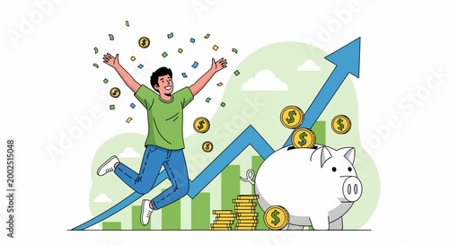 Man jumping with joy and money.