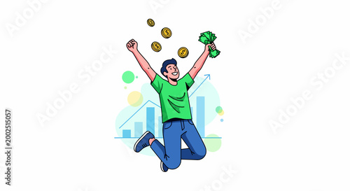Man jumping with money and success.