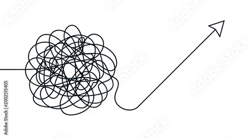 Abstract graphic of a tangled knot unraveling into a straight upward arrow, symbolizing problem-solving concept and achieving clarity and success