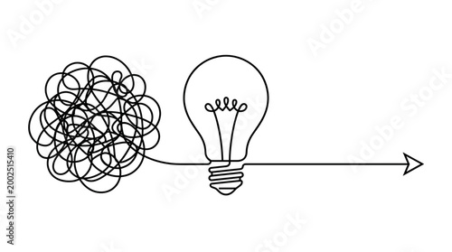 Intricate tangled line transforming into a bright lightbulb and clear arrow, representing problem-solving concept, idea generation, and mental clarity illustration