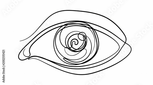 Abstract single line drawing of an eye with a swirling pupil, representing vision and introspection, in a minimalist black and white style against a clean white background.
