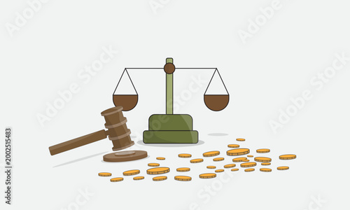 Flat vector illustration of legal justice and financial settlement concept featuring a judge gavel, balance scale, and scattered coins. Perfect for law, taxation, fines, debt resolution, and economic 