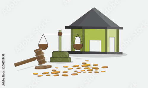 Flat vector illustration of legal property dispute and financial justice concept featuring a courthouse, judge gavel, balance scale, and coins. Ideal for law, taxation, real estate disputes, and legal