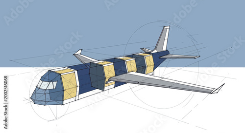 Airplane with a unique segmented body design and blue sky background.