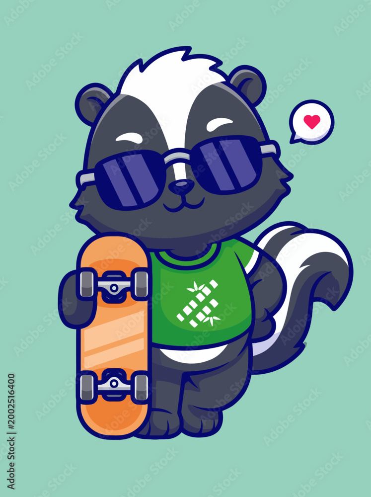 Fototapeta premium Skunk wearing sunglasses holding skateboard.