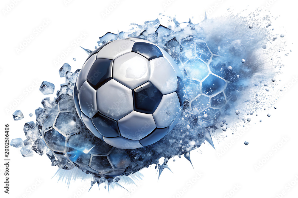 Fototapeta premium Soccer ball frozen inside a block of cracked ice, winter sports concept, cold temperature effect, dynamic shattered ice shards and frost particles isolated on a transparent background
