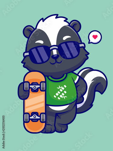 Skunk wearing sunglasses holding skateboard.