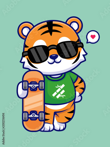 Tiger cartoon character with skateboard.