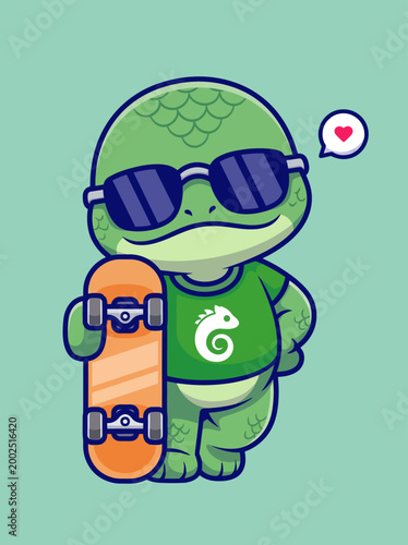 Turtle Wearing Sunglasses Holding Skateboard.