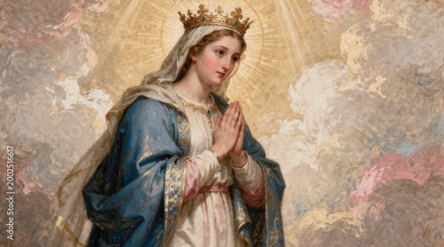 A regal woman with a crown and blue mantle prays against a radiant, cloudy background, symbolizing holiness and devotion in a classical painting style.