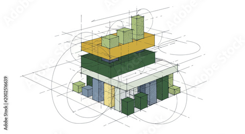 Architectural Concept Design with Building Layers and Blueprints.