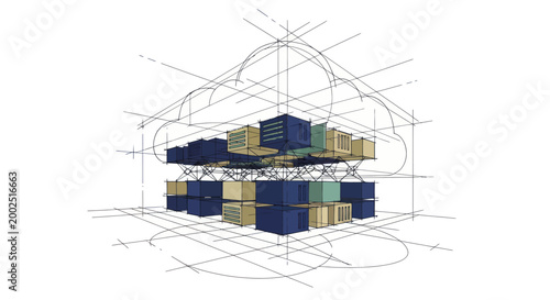 Architectural concept sketch of stacked modular buildings within a frame.