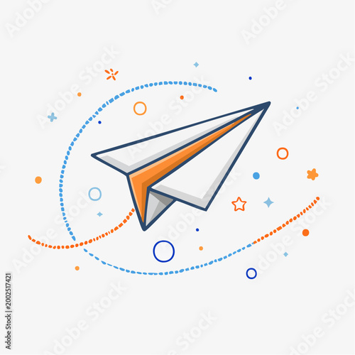 Paper Airplane Flying with Dotted Trails and Stars