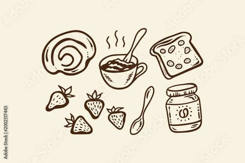 Hand-drawn collection of breakfast items including coffee toast strawberries with food and drink hot drink baked goods line art breakfast strawberry illustration homemade beverage