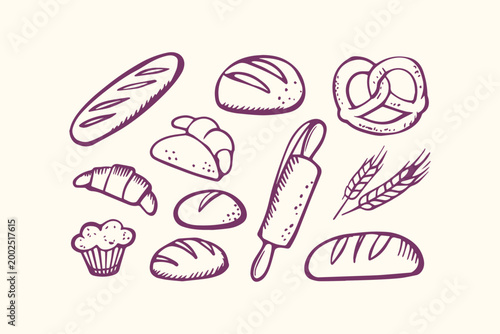 Hand drawn bakery and baking icons collection with bread croissants cupcake pretzel wheat and rolling pin on light background croissant illustration collection baguette carbohydrate