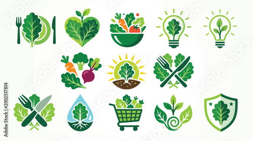 Foto Collection of green icons representing healthy eating, organic food, and environmental sustainability