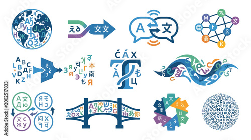 Foto A vibrant collection of graphic elements symbolizing language, translation, communication, and global connectivity through diverse alphabets and symbols