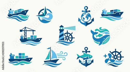 Φωτογραφία Collection of nautical and maritime icons featuring ships, anchors, lighthouses, and marine life