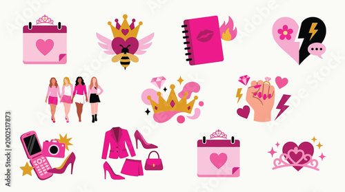 Fotografi A vibrant collection of pink-themed icons representing fashion, friendship, and iconic pop culture elements