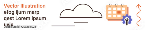 Productivity, scheduling, workflow organization, cloud services, task automation, planning tools. Cloud graphic, spiral arrow calendar with settings icon. Productivity and workflow organization